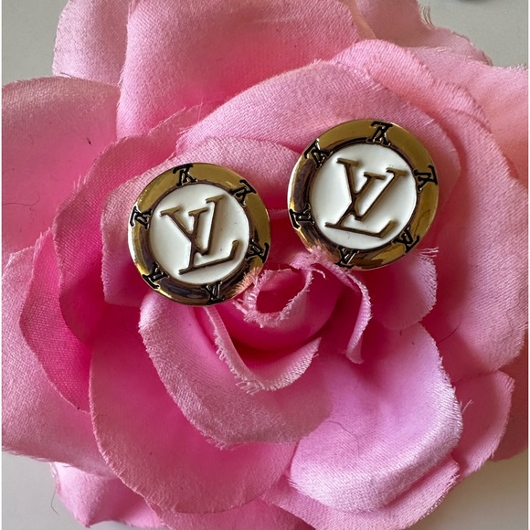 Louis Vuitton Gold White Button Metal Charm Stud Earrings - Picture 6 of 9